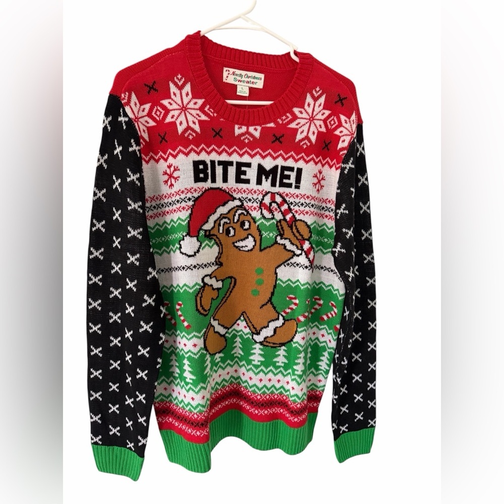 Men’s Ugly Christmas Sweater Gingerbread “BITE ME!” Holiday Pullover Size L NWOT - Picture 3 of 10